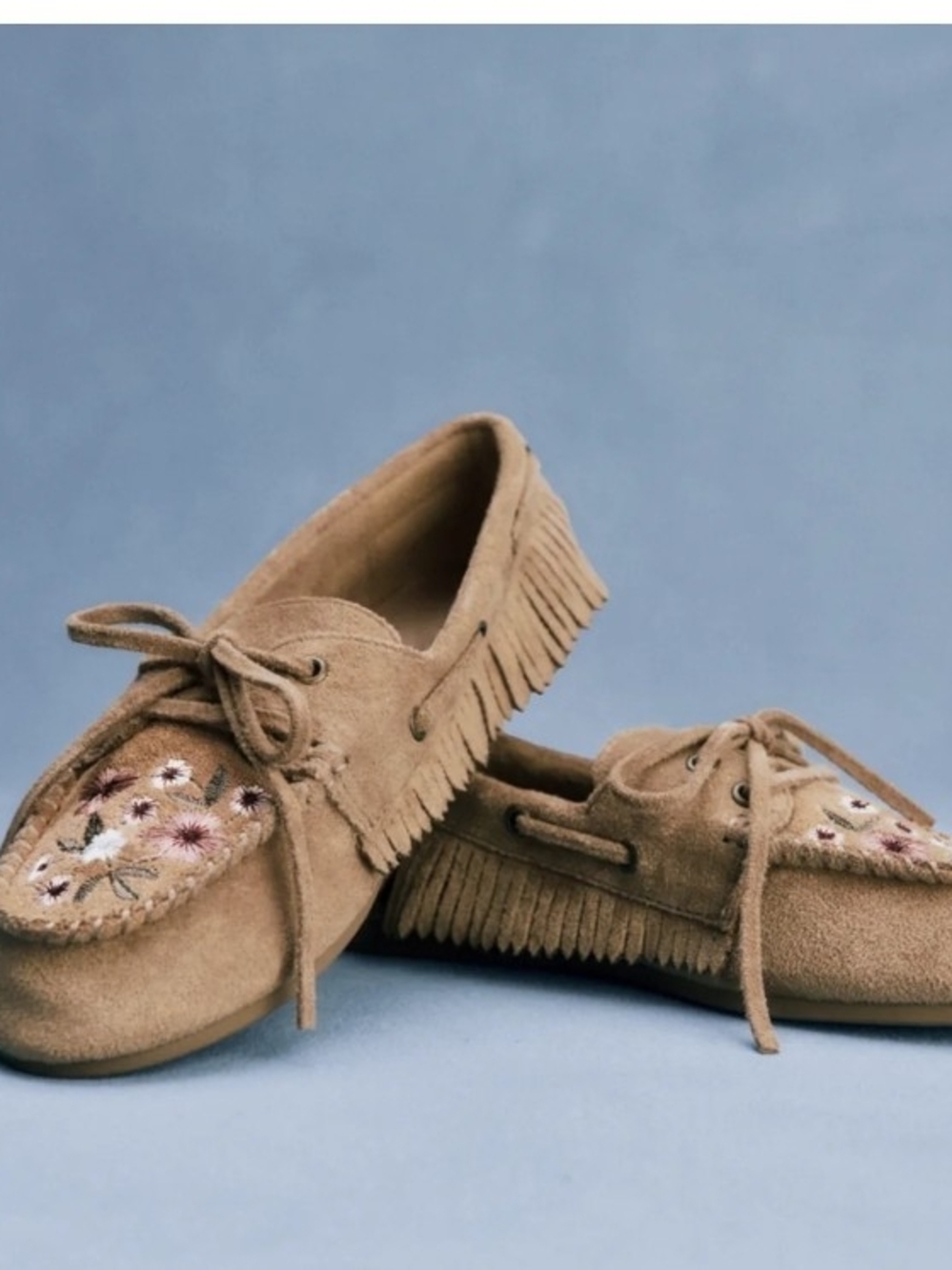 Weekend Academy Size5 Big Kids Flower Embroidery Boho Brown Suede Moccasin Shoes
